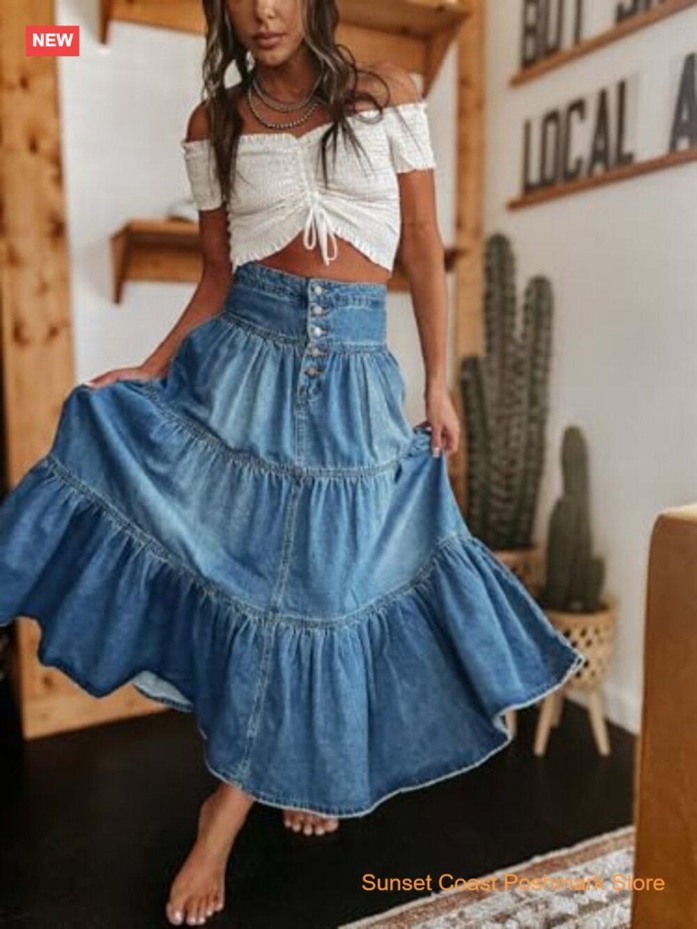 High Rise Button-Fly Tiered Ruffle A-Line Denim Maxi Skirt with Pockets - Picture 5 of 7